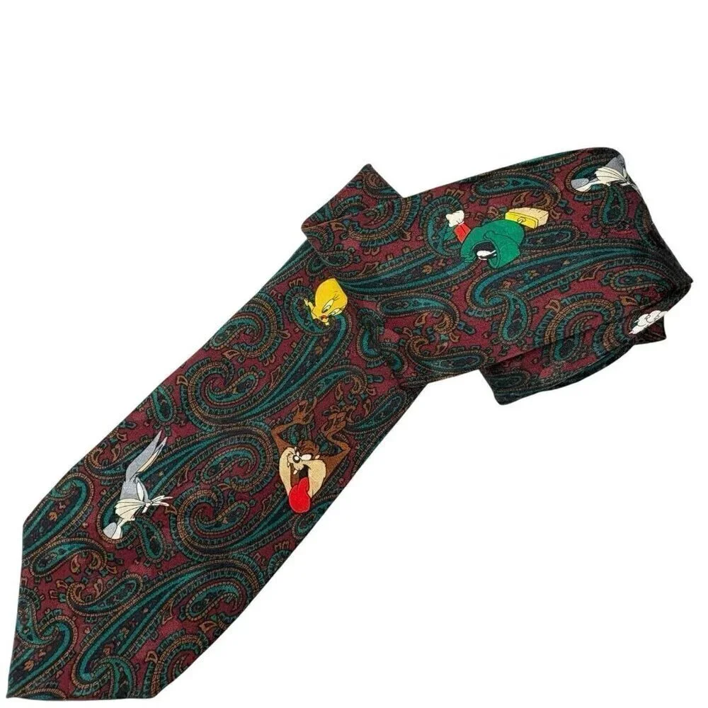 Looney Tunes Mania BUGS BUNNY VTG 90s Silk Necktie Paisley Maroon Men’s Tweetie